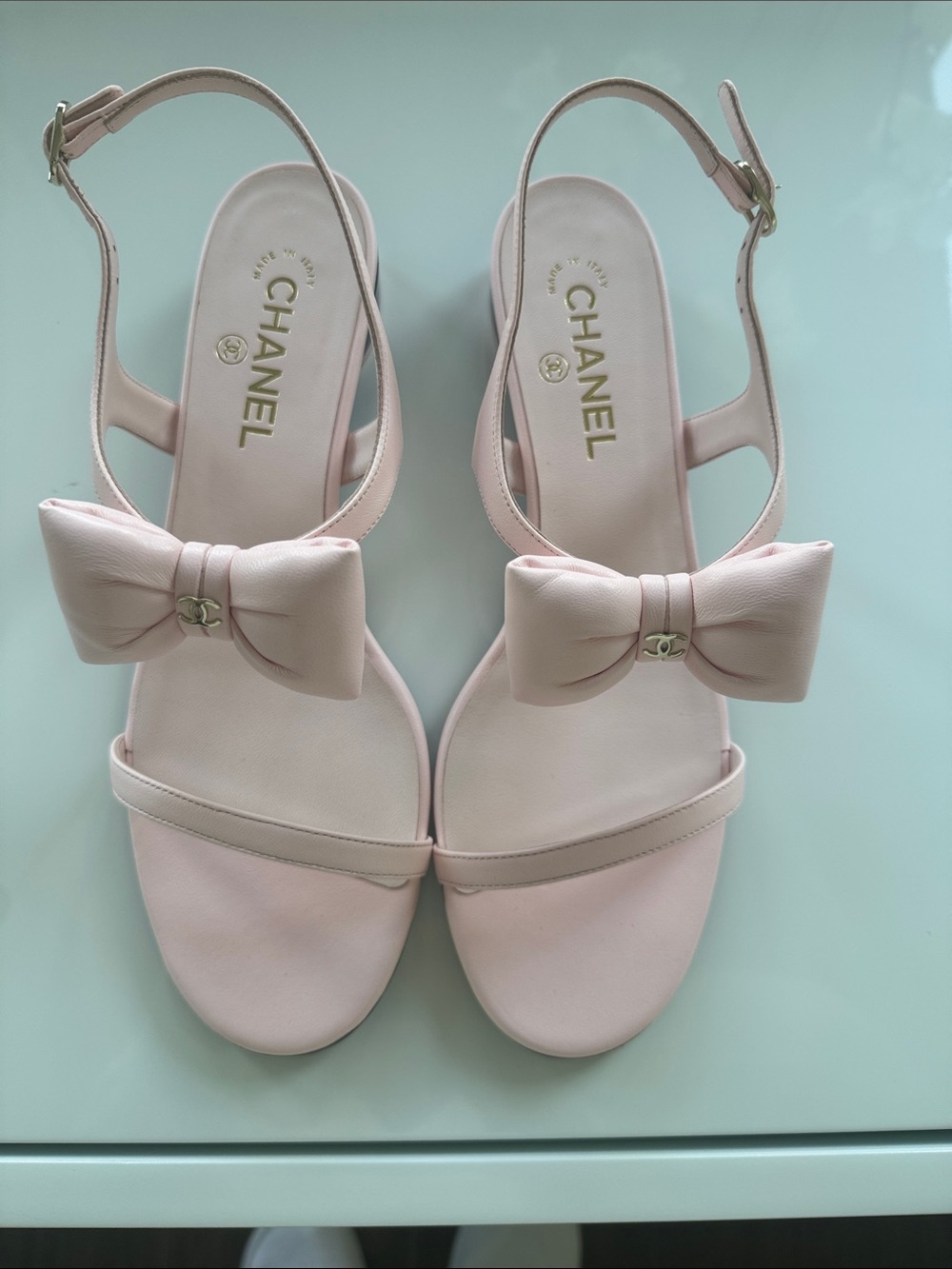 New CHANEL Pale Pink Bow Sandals in lambskin